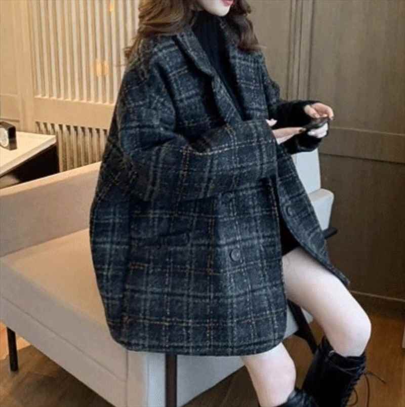 レディース コート アウター 上着 チェックコート レトロコート ミディアム 長袖 Vネック 襟付き 前開き ウール 大人可愛い かっこいい レトロ ラフ メンズライク マニッシュ ボーイッシュ アメリカン プレッピー カントリー アクティブ ナチュラル チェック 格子柄 秋