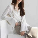 レディース トップス シャツ ブラウス ミディアム丈 長袖 Vネック ストレート フェミニン シフォン 前開き 薄手 きれいめ シンプル 上品 おしゃれ かっこ...