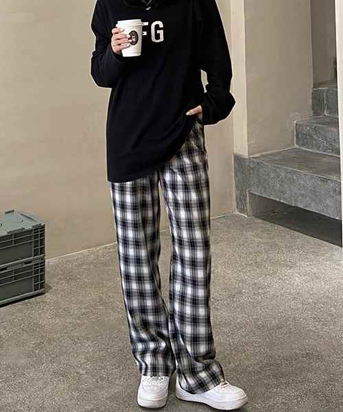 樂天商城 - レディース ボトムス ストレートパンツ スリム ストレート ポケット ハイウエスト バイカラー 綿 コットン かわいい 大人可愛い カジュアル おしゃれ こなれ感 メンズライク 個性的 主役級 存在感 都会的 チェック シーズンレス 学生 学校 お出かけ 休日 脚長 普段使い
