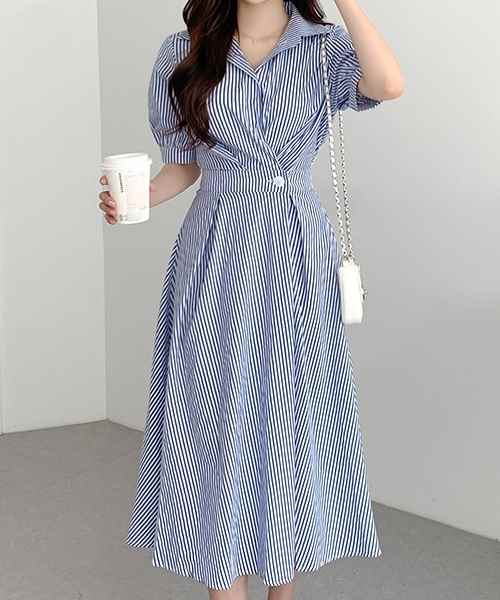 レディース ワンピース シャツワンピ フレア ロング 5分袖 パフスリーブ Vネック 襟付き フレア
