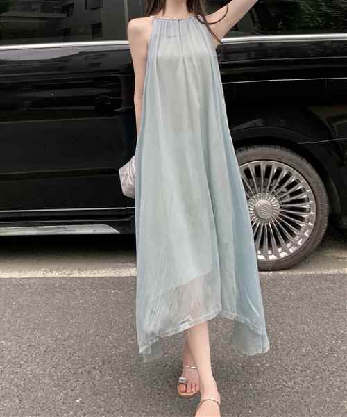 レディース ワンピース フレア キャミワンピース ロング アシンメトリー ノースリーブ 腕出し ラウンドネック アシンメトリー 肌見せ 肩出し ワイド フレア Aライン 裾ワイド フェミニン 透け感 シースルー 肌見せ インナー付き きれいめ シンプル こなれ感 ラフ