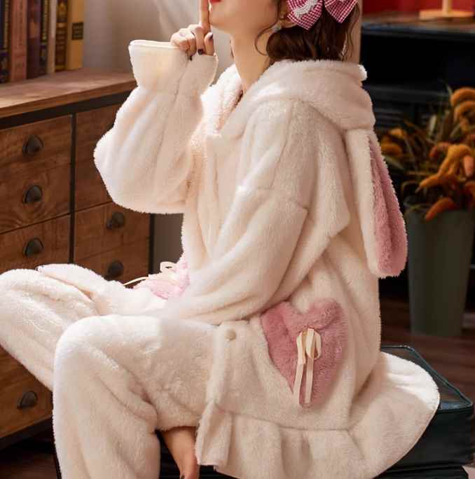 二点セット 上下セット うさ耳 うさぎ レディース スウェット 部屋着 着ぐるみ かわいい 個性的 ラブリー キュート ゴシック ロリータ ポップ 無地 秋 冬 10代 20代 イベント 楽ちん 暖かい 防寒 体型カバー M L XL 2XL ホワイト