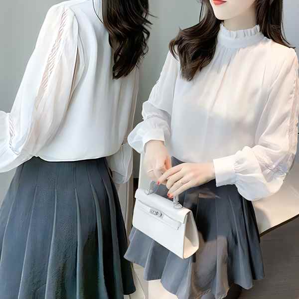 樂天商城 - スプライシングシフォンシャツ レディース トップス シャツ ブラウス 長袖 ランタンスリーブ ラウンドネック ハイネック スタンドカラー ワイド ストレート フォーマル フェミニン レース 刺繍 シフォン 透け感 薄手 大人可愛い きれいめ 上品 おしゃれ エレガント