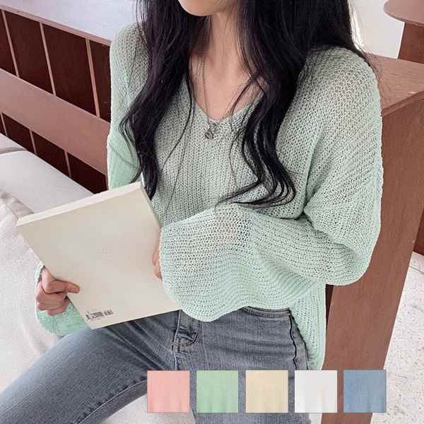 5色展開 夏デザイン/薄いルーズブラウス/アウター レディース トップス ロンT セーター プルオーバー サマーセーター アウター 上着 Tシャツ 長袖 萌袖 Vネック ワイド ストレート 透け感 ニット 大人可愛い カジュアル おしゃれ こなれ感 ルーズ 爽やか 涼しげ 無地