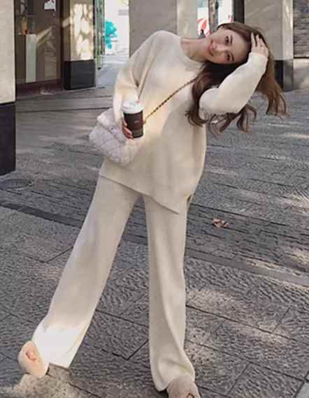 二点セット 上下セット ツーピース レディース トップス パンツ ニット プルオーバー セットアップ ウール ワイドパンツ フルレングス ラウンドネック ウエストゴム 厚手 ストレッチ 伸縮性 大人可愛い シンプル カジュアル おしゃれ レトロ ラフ ボーイッシュ ルーズ