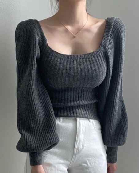 レディース トップス ニット セーター プルオーバー ショート 長袖 ボリューム袖 パフスリーブ ランタ..