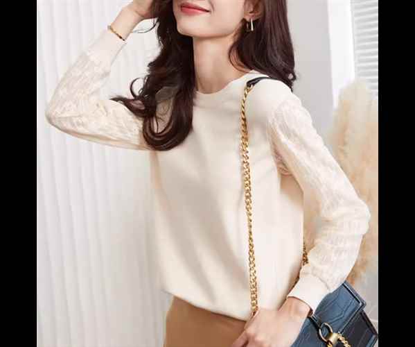 レディース トップス ニット セーター プルオーバー ミドル丈 長袖 ラウンドネック フェミニン レース ..