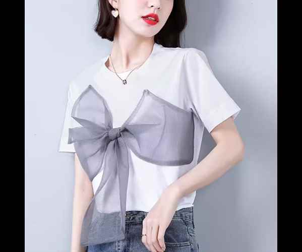 樂天商城 - レディース トップス カットソー プルオーバー Tシャツ ミドル丈 半袖 ラウンドネック リボン かわいい 大人可愛い シンプル カジュアル おしゃれ ラフ ルーズ 個性的 存在感 キュート ラグジュアリー 清潔感 爽やか シック 高級感 芸術的 アーティスティック 涼しげ