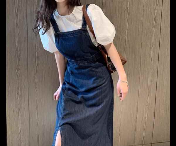 二点セット ツーピース レディース トップス ワンピース プルオーバー デニム デニムワンピース ジャンパースカート Tシャツ ミモレ ロング 半袖 ラウンドネック スリット 異国風 かわいい 大人可愛い きれいめ シンプル カジュアル 上品 おしゃれ レトロ ガーリー キュート