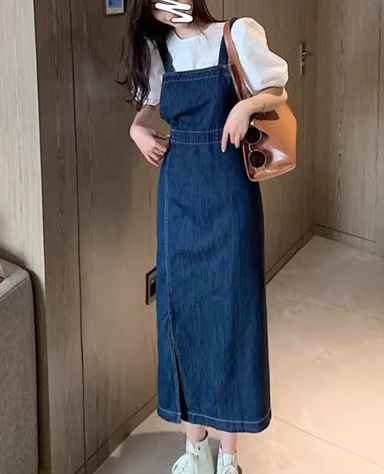 gramariaの二点セット ツーピース レディース トップス ワンピース プルオーバー デニム デニムワンピース ジャンパースカート Tシャツ ミモレ ロング 半袖 ラウンドネック スリット 異国風 かわいい 大人可愛い きれいめ シンプル カジュアル 上品 おしゃれ レトロ ガーリー｜アングル3