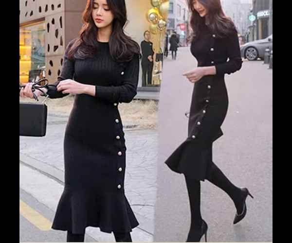 レディース ワンピース プルオーバー ニットワンピ ミモレ ロング 長袖 ラウンドネック タイト スリム 細身 マーメイド スマート フィッシュテール ボタン 大人可愛い きれいめ シンプル カジュアル 上品 おしゃれ かっこいい こなれ感 エレガント ラグジュアリー