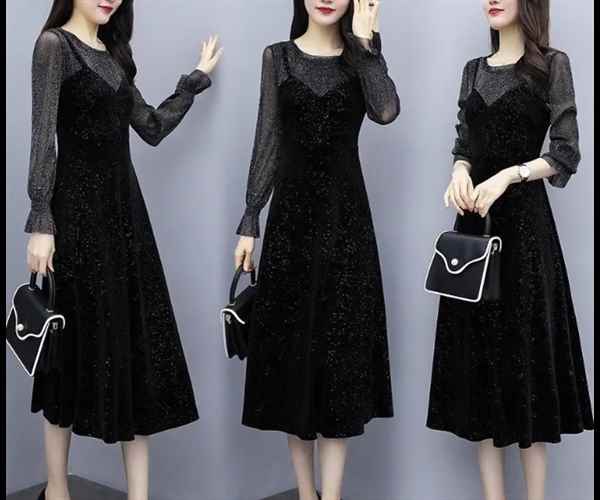 重ね着風 フェイクツーピース レディース ワンピース プルオーバー ドレス 膝丈 ミモレ 長袖 ラウンドネック Aライン フェミニン フリル ハイウエスト スパンコール 大人可愛い きれいめ シンプル 上品 おしゃれ ガーリー エレガント ラグジュアリー ナチュラル シック