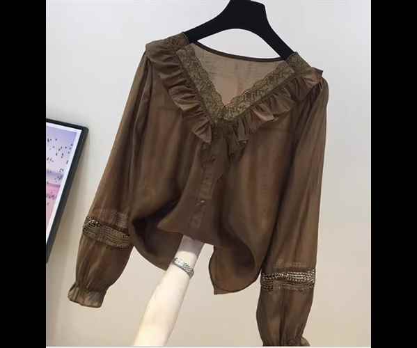 Long-Sleeved - レディース トップス シャツ プルオーバー ミドル丈 長袖 Vネック フェミニン レース シフォン フリル かわいい 大人可愛い きれいめ カジュアル 上品 おしゃれ レトロ ガーリー エレガント キュート ナチュラル 知的 清潔感 シック 高級感 優しい 穏やか フェアリー