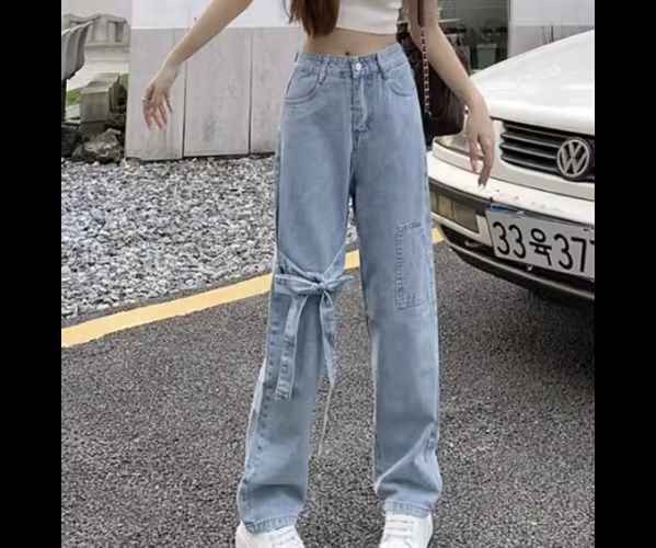 樂天商城 - レディース パンツ ボトムス デニム ジーンズ Gパン デニムパンツ フルレングス ワイド ストレート フェミニン リボン ファスナー ポケット 薄手 かわいい シンプル カジュアル おしゃれ ラフ ガーリー ルーズ 個性的 キュート シック 高級感 スタイリッシュ 無地 春 夏