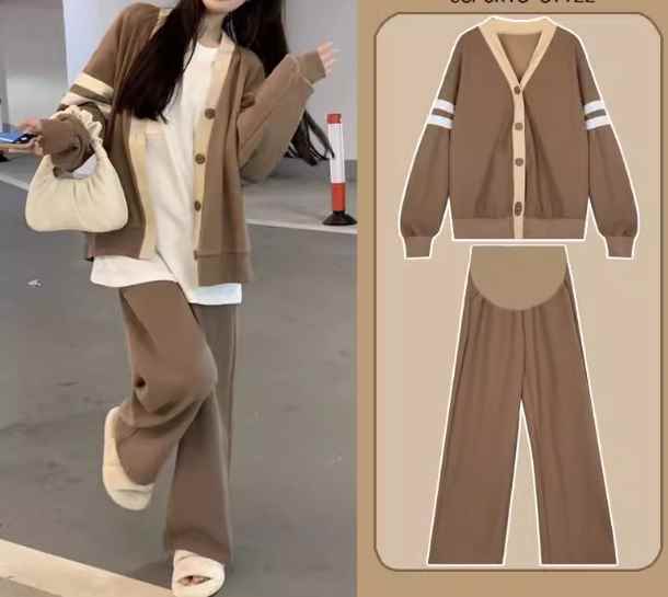 二点セット 上下セット ツーピース レディース パンツ カーディガン セットアップ マタニティウェア フルレングス 長袖 ドロップショルダー 前開き ボタン かわいい 大人可愛い シンプル カジュアル おしゃれ ラフ ボーイッシュ ルーズ キュート ナチュラル リラックス