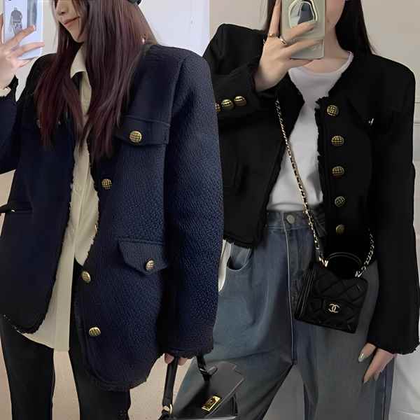 ロングorショート?プラスサイズのスリムでハイエンドなジャケット レディース トップス ブレザー カーディガン アウター 上着 テーラードジャケット ロング クロップド丈 長袖 ラウンドネック ノーカラー スリム フォーマル ボタン フリンジ 大人可愛い きれいめ