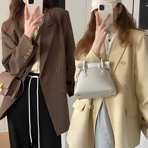 2カラー スリムハーフ/ジャケットストリート＆ルーズカジュアルコート レディース トップス ジャケット ミディアム テーラードジャケット ブレザー ショート ハーフ ミドル丈 長袖 スーツカラー セミフレア Aライン フォーマル シンプル カジュアル かっこいい ラフ