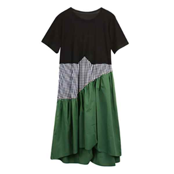 レディース ワンピース フレアスカート チュチュスカート ロングスカート ロング 半袖 ラウンドネック 襟なし ノーカラー セミフレア Aライン シック かわいい 大人可愛い シンプル ステッチ カジュアル 上品 レトロ ガーリー ルーズ 華やか チェック 春 夏 秋 10代