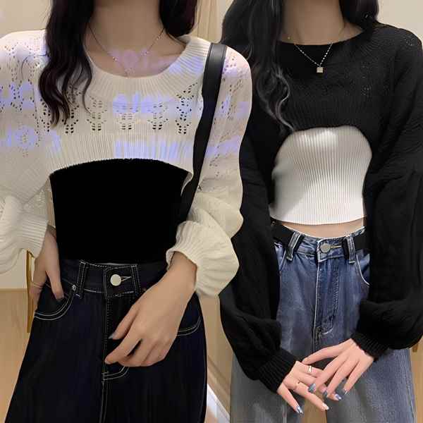 キャミソール風インナー&クロップド丈長袖セーター/2点セット レディース トップス ニット セーター ベスト キャミソール サマーニット セットアップ アウター インナー タンクトップ ショート クロップド丈 長袖 ラウンドネック 細身 リブニット レースアップ 伸縮性 夏