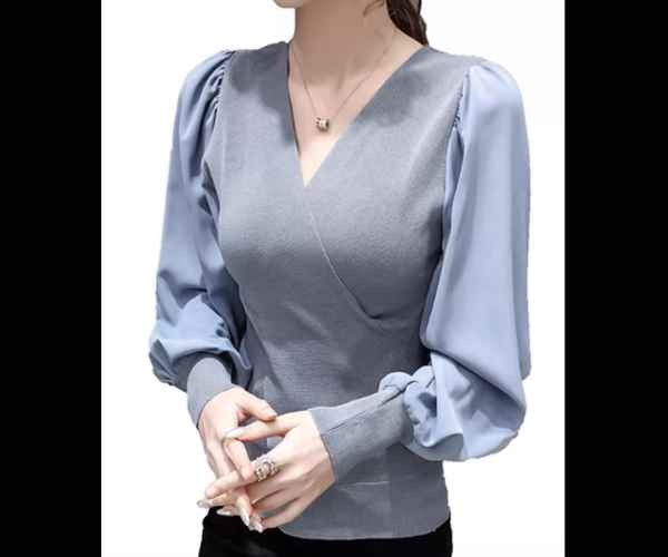 レディース トップス カットソー ニット セーター プルオーバー ミドル丈 長袖 ボリューム袖 バルーン袖 ランタンスリーブ Vネック カシュクール フェミニン シフォン 切り替えデザイン ドッキング かわいい 大人可愛い きれいめ シンプル 上品 おしゃれ 個性的(4)