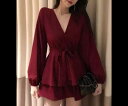 レディース ワンピース プルオーバー ドレス ミニ ショート 長袖 Vネック スリム 細身 Aライン プリーツ ウエストマーク ウエストリボン ハイウエスト かわいい 大人可愛い きれいめ