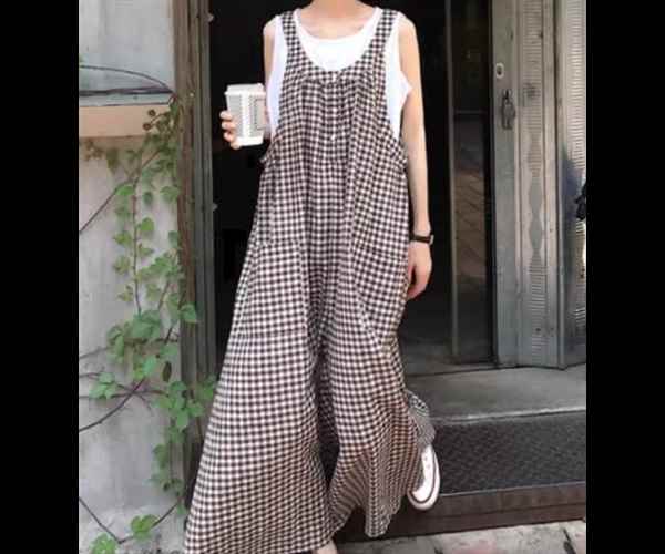 レディース パンツ オーバーオール サロペット フルレングス 袖なし ノースリーブ ワイド かわいい カジュアル おしゃれ かっこいい レトロ ラフ ボーイッシュ ルーズ クール ラブリー キュート カントリー アクティブ ナチュラル シック 高級感 チェック 夏 10代 20代