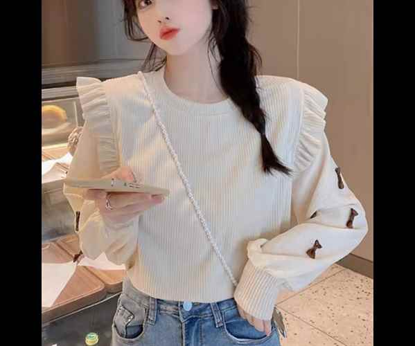 重ね着風 フェイクツーピース レディース トップス カットソー プルオーバー トレーナー スウェット ミドル丈 長袖 ラウンドネック フリル リボン かわいい カジュアル おしゃれ ガーリー 個性的 存在感 ラブリー キュート ラグジュアリー 学生風 アクティブ 華やか(4.0)