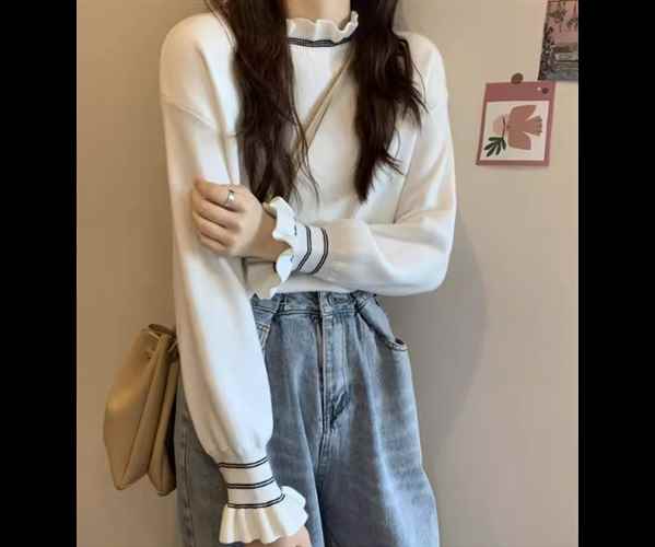 レディース トップス ニット セーター プルオーバー ショート 長袖 ドロップショルダー フリル袖 ハイネック フェミニン フリル 厚手 かわいい 大人可愛い きれいめ シンプル カジュアル 上品 おしゃれ ガーリー エレガント キュート ラグジュアリー ナチュラル 知的