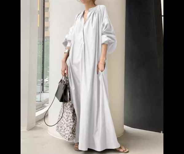 レディース ワンピース プルオーバー ロング マキシ 5分袖 ボリューム袖 バルーン袖 ランタンスリーブ ポケット リネン 綿 コットン 大人可愛い シンプル カジュアル 上品 おしゃれ かっこいい レトロ こなれ感 ラフ ルーズ クール ナチュラル リラックス シック 高級感