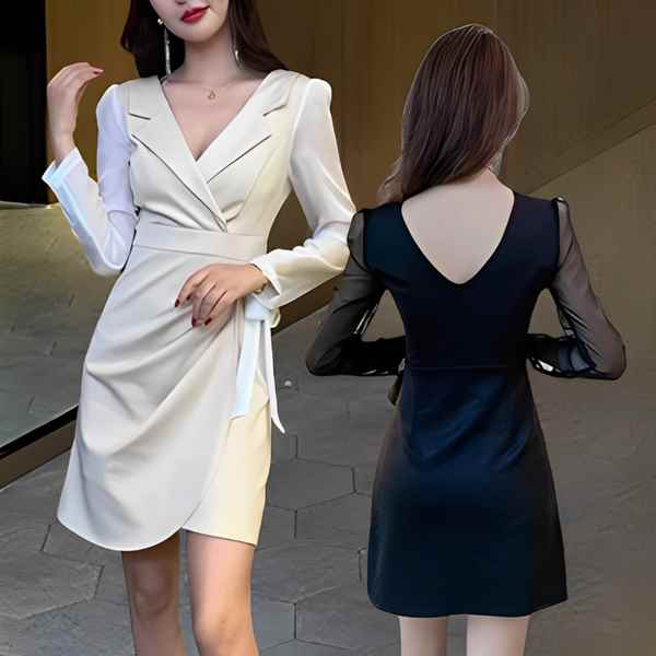 2カラー メッシュパッチワークドレス ナイトクラブドレス ワンピース イブニングドレス パーティードレ..