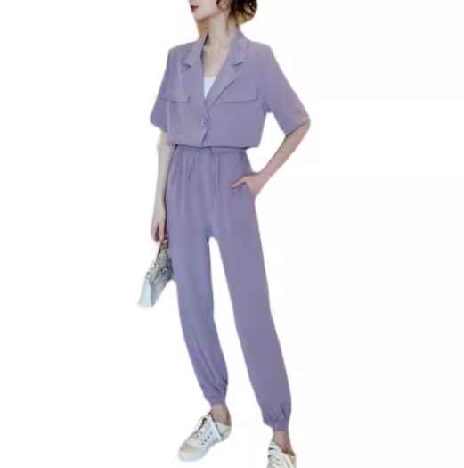 二点セット 上下セット ツーピース レディース ジャケット パンツ スーツ セットアップ フルレングス 半袖 襟付き スーツカラー フェミニン ウエストゴム 異国風 かわいい 大人可愛い きれいめ シンプル カジュアル おしゃれ かっこいい レトロ こなれ感 ラフ