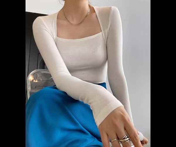 レディース トップス カットソー Tシャツ ミドル丈 長袖 スクエアネック タイト スリム 細身 異国風 かわいい 大人可愛い シンプル カジュアル おしゃれ かっこいい ボーイッシュ 個性的 クール ラグジュアリー セクシー ハンサム シック 高級感 スタイリッシュ 無地 秋