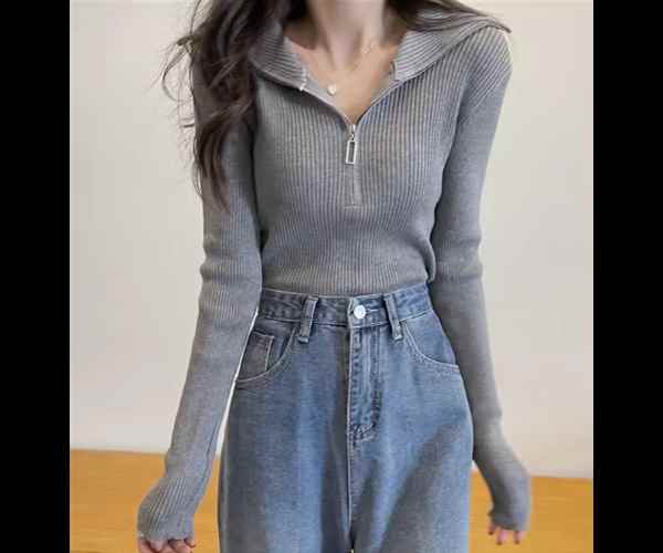 レディース トップス カットソー ニット セーター プルオーバー ショート クロップド丈 長袖 タイト スリム 細身 ファスナー ストレッチ 伸縮性 かわいい 大人可愛い きれいめ シンプル カジュアル おしゃれ かっこいい ボーイッシュ スポーティー クール エレガント