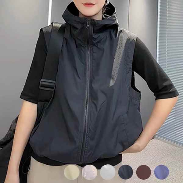 6色展開 レディース トップス パーカー ベスト アウター 袖なし ノースリーブ スタンドカラー フード セミフレア ストレート ストリート ふっくら ファスナー ポケット ボタンなし 大人可愛い シンプル カジュアル おしゃれ かっこいい レトロ こなれ感 ルーズ 学生風