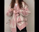 レディース トップス ニット カーディガン 羽織 前開き ミドル丈 長袖 Vネック ストレート フェミニン 異国風 ボタン かわいい 大人可愛い きれいめ カジュアル 上品 おしゃれ かっこいい レトロ ボーイッシュ ガーリー ルーズ ダイヤ アーガイル 菱形 春 秋 デート(4)
