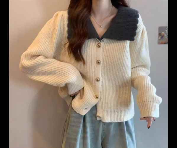 レディース トップス ニット セーター カーディガン ショート クロップド丈 長袖 襟付き フェミニン フリル 前開き ボタン かわいい 大人可愛い きれいめ シンプル カジュアル 上品 おしゃれ レトロ ガーリー キュート ラグジュアリー ナチュラル シック 高級感 無地 秋(4)