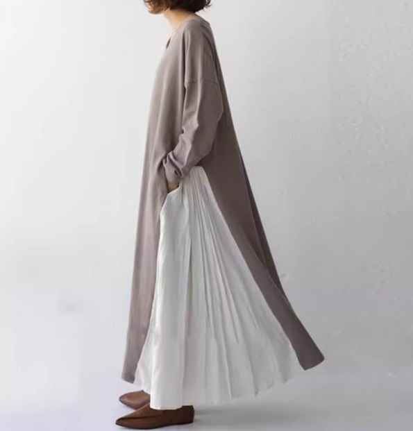 レディース ワンピース プルオーバー ロング マキシ 長袖 Vネック Aライン ドッキング プリーツ かわいい 大人可愛い きれいめ シンプル カジュアル 上品 おしゃれ レトロ ラフ ガーリー ルーズ 個性的 クール キュート ナチュラル リラックス シック 高級感 芸術的