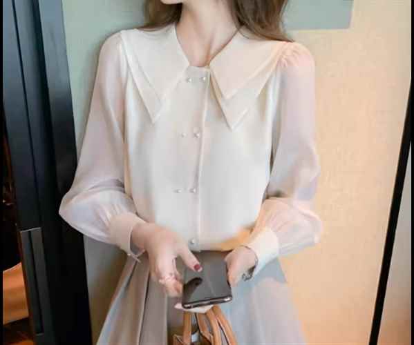 レディース トップス シャツ ブラウス ミドル丈 長袖 パフスリーブ 襟付き 二重襟 ストレート フェミニン シフォン 前開き ボタン かわいい 大人可愛い きれいめ シンプル カジュアル 上品 おしゃれ かっこいい レトロ ボーイッシュ ルーズ 個性的 クール エレガント