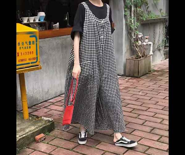 樂天商城 - レディース パンツ サロペット オーバーオール フルレングス 袖なし ノースリーブ ワイド ドレープ ポケット ハイウエスト 異国風 ボタン かわいい 大人可愛い シンプル カジュアル おしゃれ レトロ ボーイッシュ ルーズ キュート カレッジ風 学生風 チェック 夏 10代