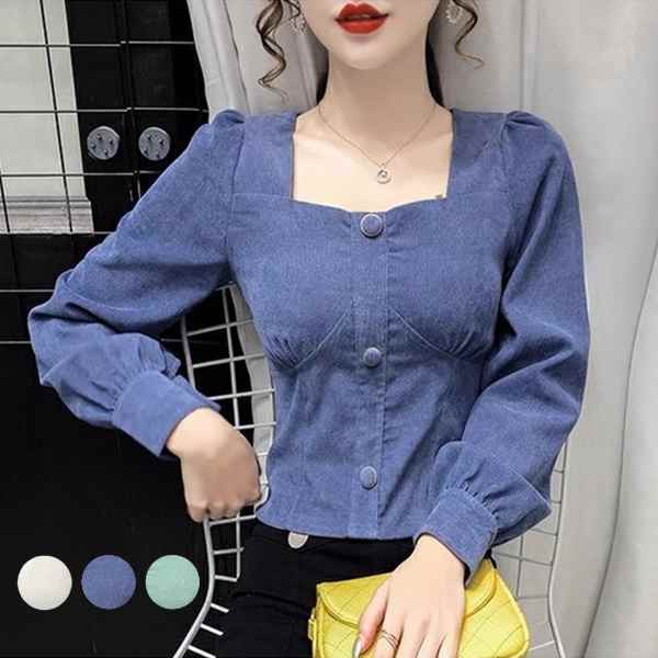 3色展開 コーデュロイ長袖シャツ レディース トップス シャツ ブラウス ショート 長袖 スクエアネック スリム ボタン コーデュロイ 大人可愛い カジュアル 上品 おしゃれ ラフ ルーズ エレガント フォーマル オフィスカジュアル 無地 秋 冬 ミーティング 20代 30代