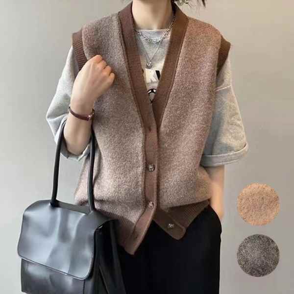 2カラー レトロニットベスト レディース トップス ニット ベスト アウター ジレ 袖なし ノースリーブ Vネック 細身 ストレート 伸縮性 ボタン バイカラー 薄手 綿 コットン リブニット 大人可愛い シンプル カジュアル 上品 おしゃれ ルーズ エレガント フォーマル