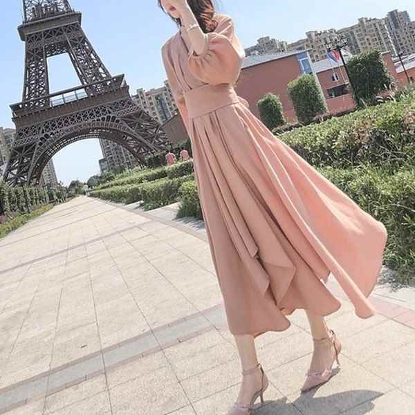 知的でエレガント ウエスト痩身ピンクのドレス レディース ワンピース ドレス フレアスカート ロングスカート ロング 7分袖 バルーン袖 ラウンドネック 襟なし ノーカラー スリム 細身 Aライン アシンメトリー 裾ワイド カシュクール ウエストマーク フェミニン