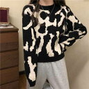 ヒョウ柄ショートセーター レディース トップス ニット セーター アウター 上着 ショート 長袖 ラウンドネック クルーネック ワイド ストレート ふっくら リブニット バイカラー 柔らかい 厚手 きれいめ カジュアル 上品 おしゃれ アジアン エスニック ガーリー