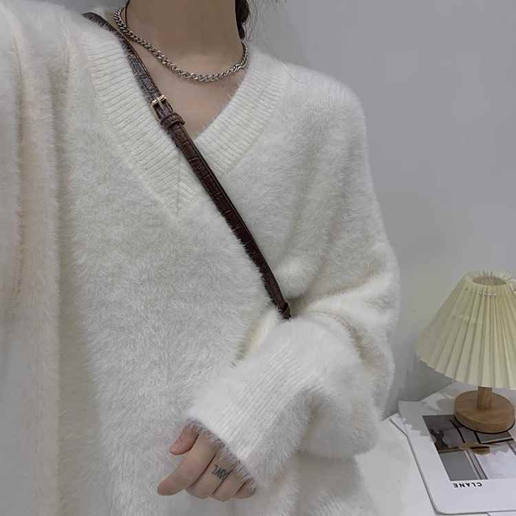樂天商城 - セーター Vネック ニット トップス レディース シャギーニット 長袖 大きいサイズ もこもこ 無地 オフィス カジュアル きれいめ 大人 可愛い 春 秋 冬 韓国