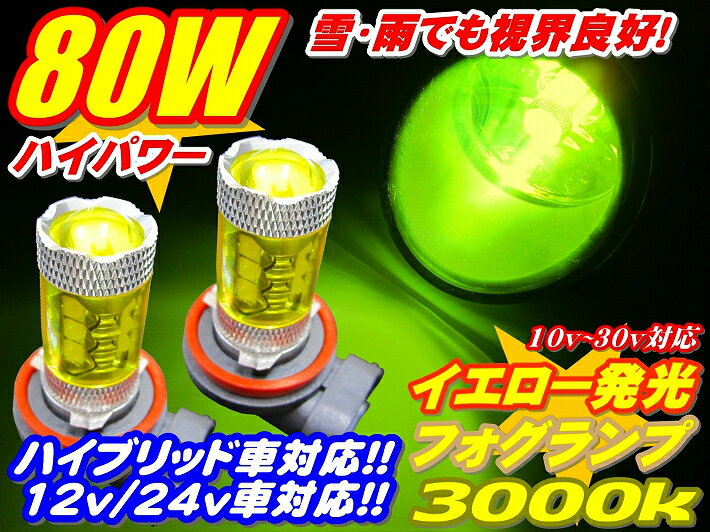 ＼6月1日 24時間限定／今日 得クーポン+ポイント2％off フォグランプ イエロー色発光 12v 24v トラック OK ハイブリッド,EV 全て対応 80W LED 3000K H8/H11/H16 2個セット 雨・雪・濃霧等悪天候対応