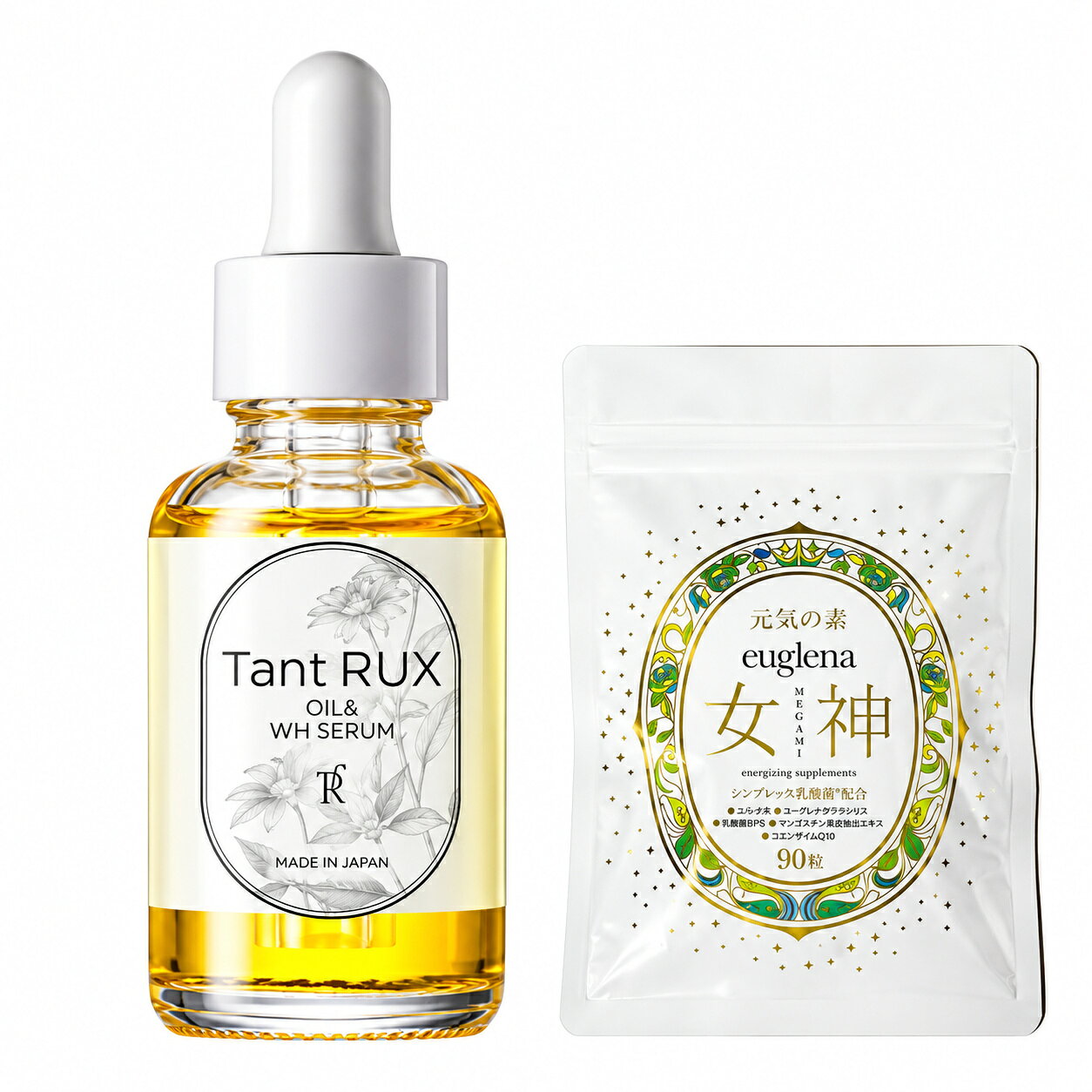 商品情報商品名【2点セット】タントリュクス オイル WHセラム ＆ 元気の素 euglena 女神 90粒 Tant RUX 美容オイル デリケートゾーン フェムケア 保湿 ユーグレナ サプリメント 女性用 ボディケア内容量タントリュクス オイル WHセラム　30ml元気の素 euglena 女神 90粒商品説明女性のためのトータルセルフケアセットTant RUX OIL＆WH SERUM　　　　　＋元気の素 euglena 女神 90粒外側からうるおす。内側から栄養を補う。毎日の美容習慣を、もっと丁寧に。女性の美しさと健やかなライフスタイルに寄り添う、2つのアイテムを組み合わせた特別なセットです。肌をいたわる保湿ケアと、毎日の食生活をサポートする栄養補給。自分自身を大切にしたい方へ。セット内容1，Tant RUX オイル＆WHセラム × 1本タントリュクスの美容オイル。デリケートゾーンを含む、乾燥が気になる部分の保湿ケアに。毎日のセルフケアを上質な美容習慣へ。2， 元気の素 euglena 女神 × 1袋（90粒）毎日の健康と美容を意識する女性のためのサプリメント。ユーグレナをはじめとする配合素材で、日々の食生活をサポートします。4つのおすすめポイントPOINT 01｜外側と内側、2つのアプローチオイルによる保湿ケアと、サプリメントによる栄養補給を組み合わせたセット。POINT 02｜毎日のフェムケア習慣にデリケートゾーンの乾燥が気になる方や、自分自身の美容習慣を大切にしたい方に。POINT 03｜美容と健康を意識する女性に毎日のスキンケアだけでなく、食生活にも気を配りたい方におすすめです。POINT 04｜便利な2点セットそれぞれを別々に購入する手間なく、2つのセルフケアアイテムをまとめてお届けします。こんな方におすすめデリケートゾーンの保湿ケアを始めたい方美容と健康の両方を意識している方毎日の栄養補給を習慣にしたい方タントリュクスシリーズをご愛用中の方女性向けのセルフケア商品をお探しの方自分へのご褒美や美容アイテムをお探しの方商品情報商品1商品名：Tant RUX OIL＆WH SERUMブランド：Tant RUX（タントリュクス）商品タイプ：美容オイル数量：1本商品2商品名：元気の素 euglena 女神商品タイプ：サプリメント（食品）内容量：90粒数量：1袋セット内容：各1点・合計2点ご使用上の注意※各商品の使用方法・お召し上がり方は、商品パッケージをご確認ください。※サプリメントは食品です。疾病の診断・治療・予防を目的とするものではありません。※食生活は、主食・主菜・副菜を基本に、食事のバランスを大切にしてください。※お肌に異常が生じていないかよく注意してオイルをご使用ください。使用方法・適量を手に取り、気になる部位にマッサージしてご使用ください。全成分ヒマワリ種子油、(C15-19)アルカン、スクレロカリアビレア種子油、マカデミア種子油、メドウフォーム油、コメ胚芽油、ヘーゼルナッツ種子油、シア脂油、アボカド油、ホホバ種子油、ツバキ種子油、ブドウ種子油、月見草油、カニナバラ果実油、カニナバラ果実エキス、アーモンド油、コーン油、アオモジ果実油、アミリスバルサミフェラ樹皮油、イランイラン花油、クスノキ枝/幹油、チョウジ葉油、ニオイテンジクアオイ油、ニュウコウジュ油、パチョリ油、ベルガモット果実油、マヨラナ葉油、マンダリンオレンジ果皮油、ローズマリー葉油注意事項・開封後3ヶ月を目安に使い切ることをおすすめします。・お肌に合わないときは、ご使用をおやめください。・高温多湿を避け直射日光の当たらない場所で保管してください。・目に入った場合は直ちに洗い流してください。・ご使用後は必ずしっかり蓋を閉めるなど、衛生的にお取扱いください。・乳幼児の手の届かないところに保管してください。発売元株式会社ARIGATO広告文責株式会社グラムインターナショナルTEL　050-1488-7642お得ユーグレナ女神セット タントリュクス オイル WHセラム ＆ 元気の素 euglena 女神 90粒 Tant RUX 美容オイル デリケートゾーン フェムケア 保湿 ユーグレナ サプリメント 女性用 ボディケア 品質安心エステサロン運送会社が販売 「におう」から「香る」へ。 「におう」から「香る」へ。「くすむ」から「光る」へ。「かわく」から「潤う」へ。愛され続けるレディのためのデリケートゾーンお手入れオイル。 女性のためのトータルセルフケアセットTant RUX OIL＆WH SERUM　　　　　　＋ 元気の素 euglena 女神 90粒外側からうるおす。内側から栄養を補う。毎日の美容習慣を、もっと丁寧に。女性の美しさと健やかなライフスタイルに寄り添う、2つのアイテムを組み合わせた特別なセットです。肌をいたわる保湿ケアと、毎日の食生活をサポートする栄養補給。自分自身を大切にしたい方へ。セット内容1，Tant RUX オイル＆WHセラム × 1本タントリュクスの美容オイル。デリケートゾーンを含む、乾燥が気になる部分の保湿ケアに。毎日のセルフケアを上質な美容習慣へ。2，元気の素 euglena 女神 × 1袋（90粒）毎日の健康と美容を意識する女性のためのサプリメント。ユーグレナをはじめとする配合素材で、日々の食生活をサポートします。4つのおすすめポイントPOINT 01｜外側と内側、2つのアプローチオイルによる保湿ケアと、サプリメントによる栄養補給を組み合わせたセット。POINT 02｜毎日のフェムケア習慣にデリケートゾーンの乾燥が気になる方や、自分自身の美容習慣を大切にしたい方に。POINT 03｜美容と健康を意識する女性に毎日のスキンケアだけでなく、食生活にも気を配りたい方におすすめです。POINT 04｜便利な2点セットそれぞれを別々に購入する手間なく、2つのセルフケアアイテムをまとめてお届けします。こんな方におすすめデリケートゾーンの保湿ケアを始めたい方美容と健康の両方を意識している方毎日の栄養補給を習慣にしたい方タントリュクスシリーズをご愛用中の方女性向けのセルフケア商品をお探しの方自分へのご褒美や美容アイテムをお探しの方商品情報商品1商品名：Tant RUX OIL＆WH SERUMブランド：Tant RUX（タントリュクス）商品タイプ：美容オイル数量：1本商品2商品名：元気の素 euglena 女神商品タイプ：サプリメント（食品）内容量：90粒数量：1袋セット内容：各1点・合計2点タントリュクス Tant RUX オイル WHセラム 女神 euglena ユーグレナ 元気の素 90粒 2点セット フェムケア デリケートゾーンケア 美容オイル 保湿 サプリメント 栄養補給 女性用 レディース セルフケア ボディケア 美容 健康 3