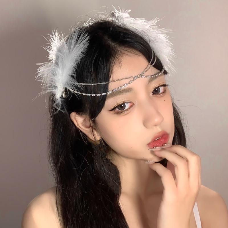 헤드 드레스 머리 장식 레이디스 헤어 액세서리 깃털 칸자시 골동품 한복 체인 화이트