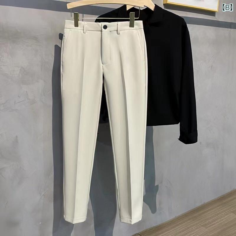 スラックス 九分丈 春夏 ドレープ メンズ カジュアル ビジネス スーツ 無地 スリム フィット パンツ 黒 カーキ グレー