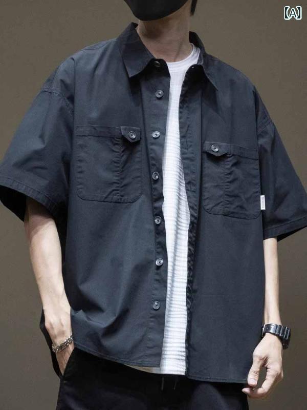 デニム シャツ ジャケット 半袖 メンズ トップス 春夏 カジュアル ファッション ゆったり 大きいサイズ チェック柄 黒 ベージュ 緑