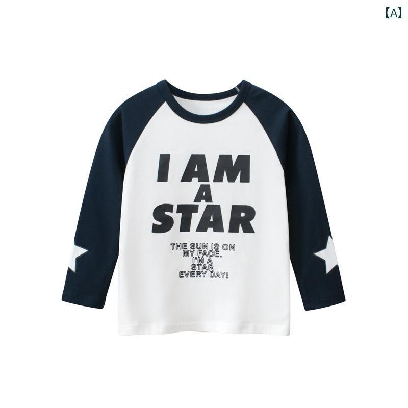 tシャツ キッズ 子供服 男の子 ロンT 綿 春秋 ラグラン 長袖 ラウンドネック ホワイト ブルー レッド 星 スター